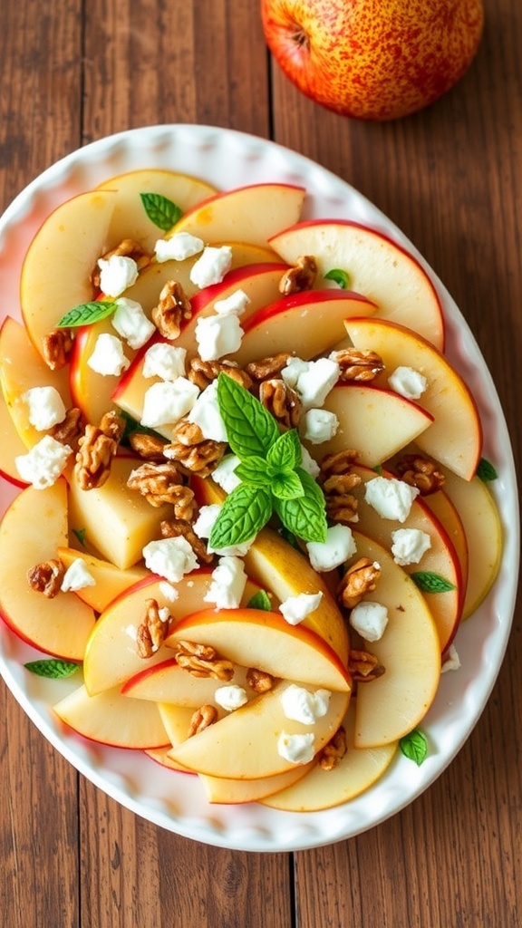 A colorful salad with sliced apples, pears, walnuts, and feta cheese on a wooden table.